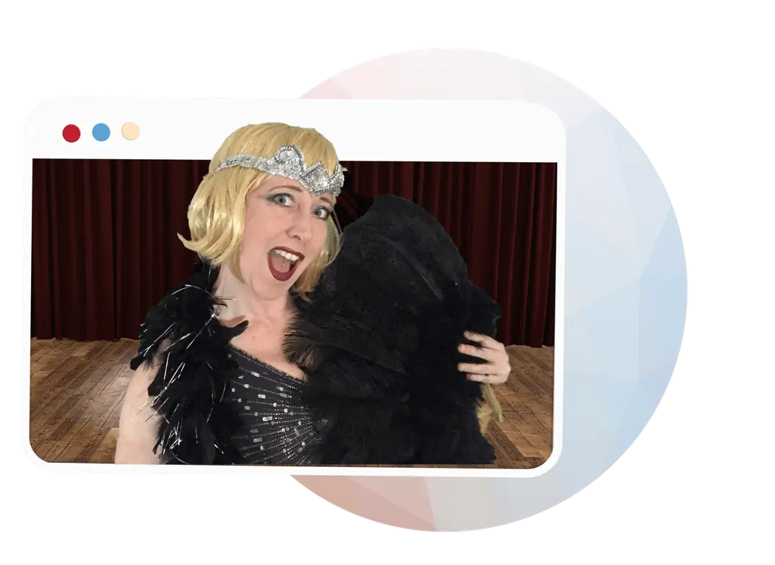 An actor in a 1920s flapper costume, on screen during a virtual murder mystery