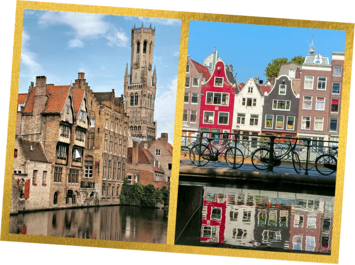 Bruges’ belfry over a canal, and canal houses in Amsterdam