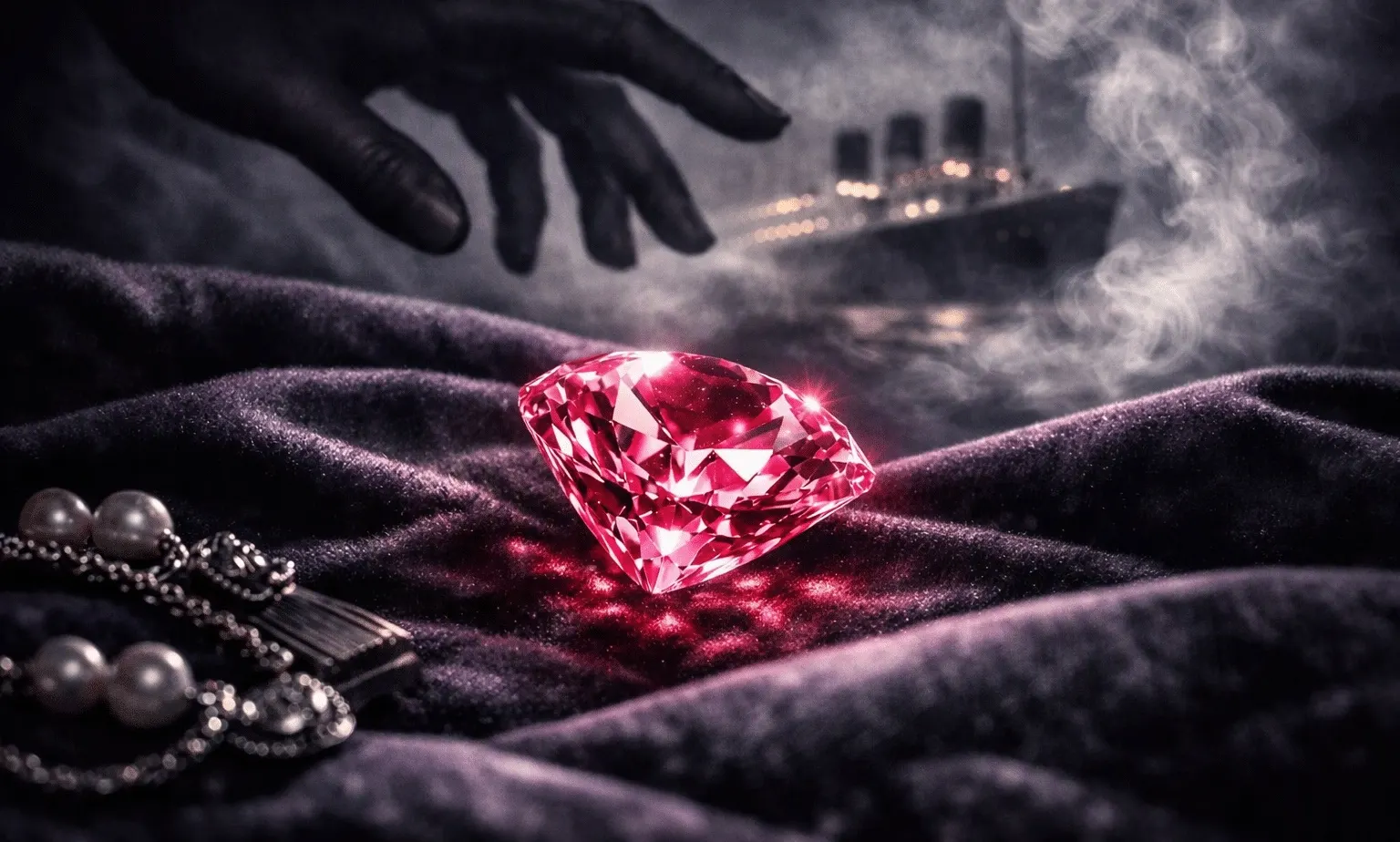The Pink Cougar Diamond glowing on dark velvet, a liner in the mist behind it