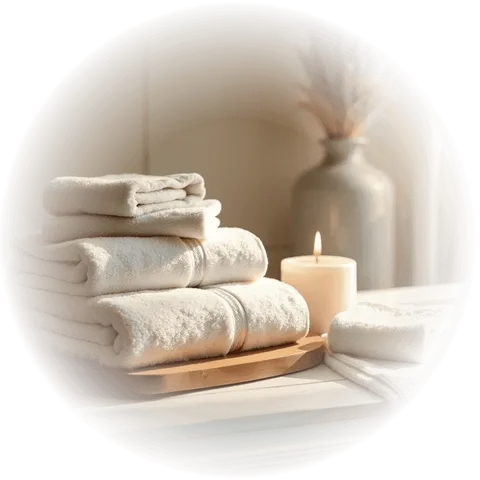 Folded towels and a candle in the onboard spa