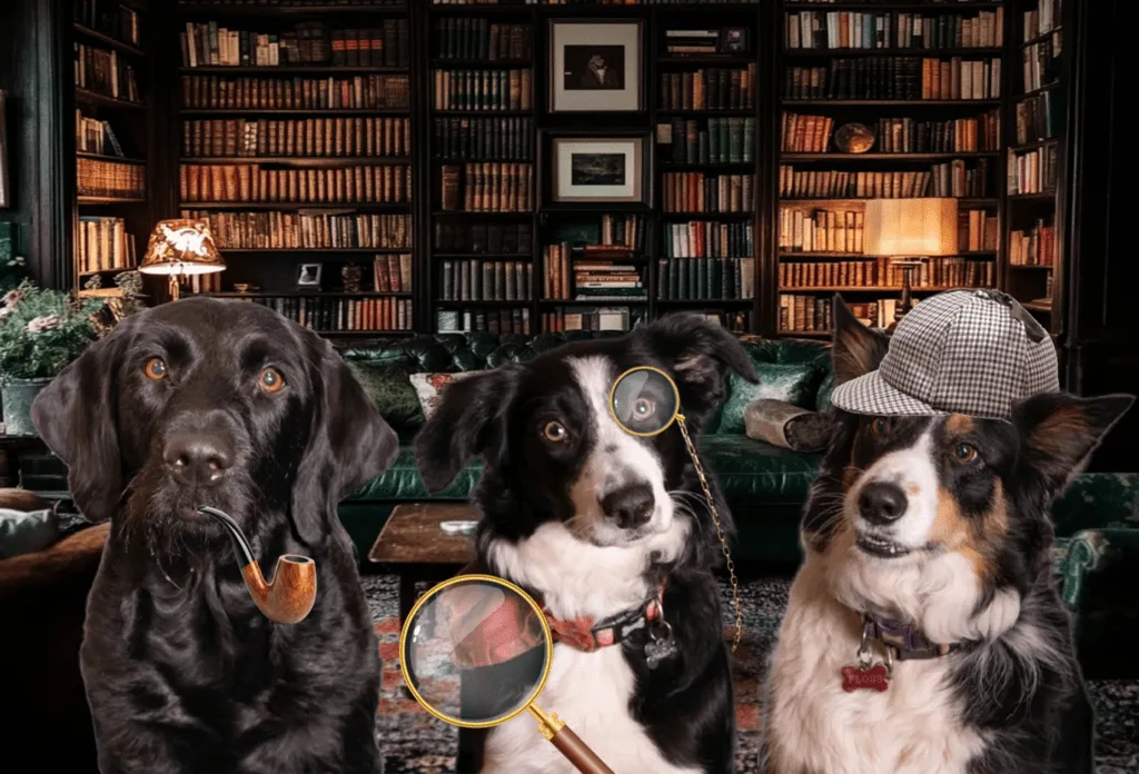 dogs dressed as detectives showing the pet games concept