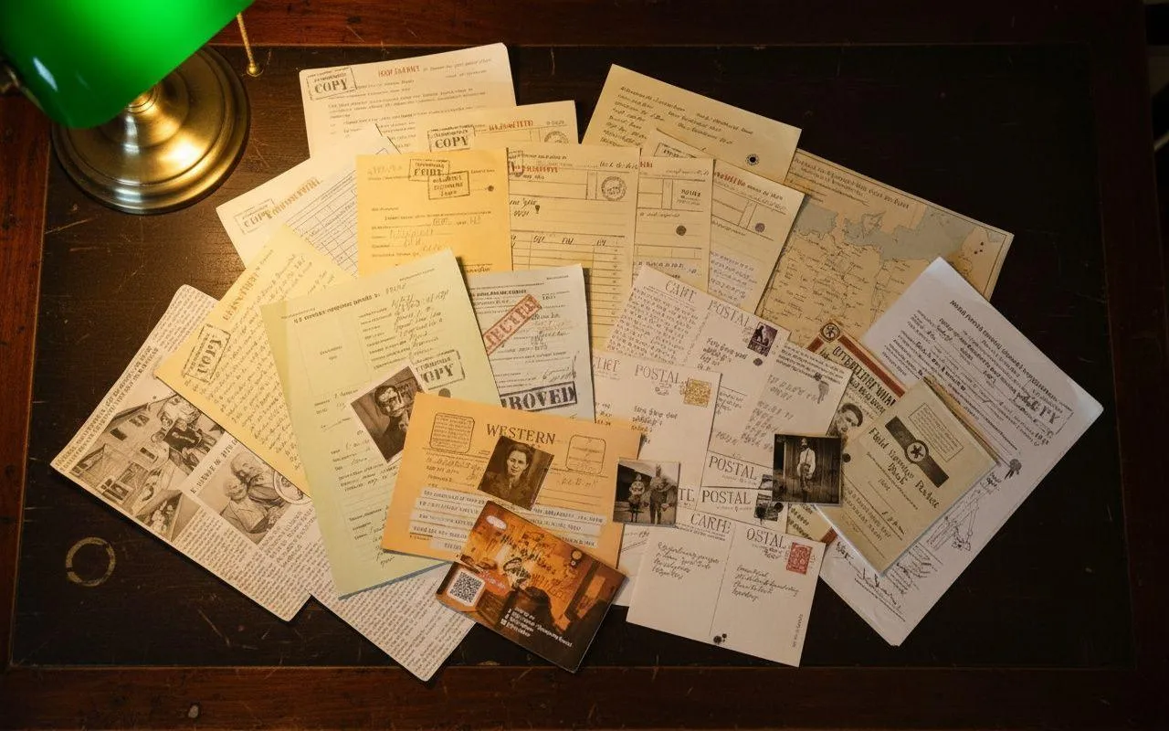 A collection of vintage-style documents, postcards, and photographs arranged on a dark wooden desk under a green lamp. The papers include official-looking forms, maps, and handwritten notes, evoking a historical mystery or detective casefile, as featured in the Cosykiller “Shadows in the Gallery” game.